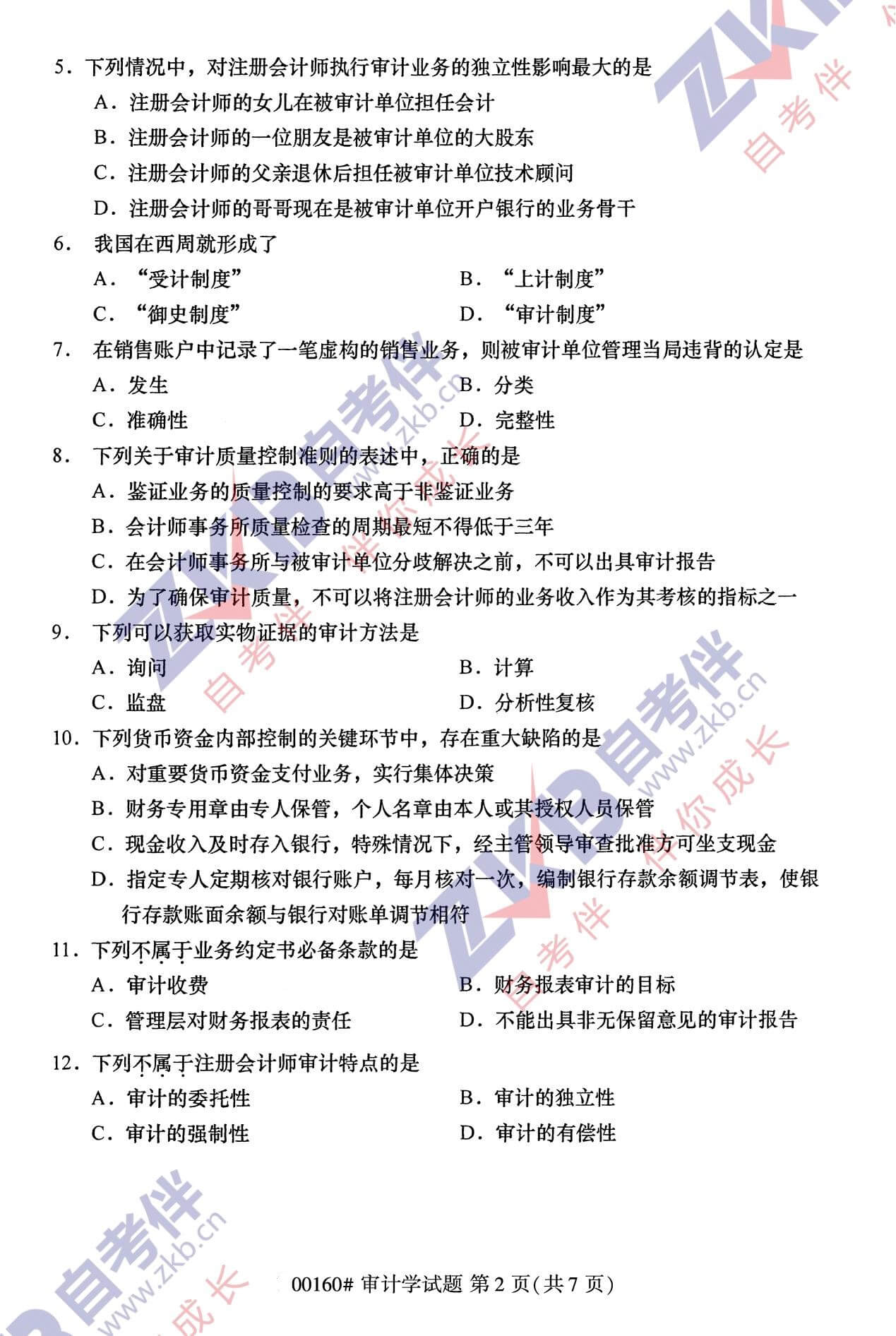 2021年10月福建自考00160审计学试卷